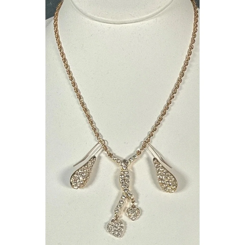 Swarovski Signed Swan Logo Pave Crystal Puffed Heart Leaf Necklace & Earring Set